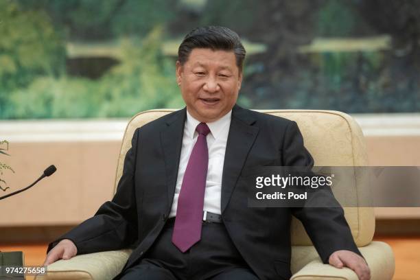 Chinese President Xi Jinping attends a meeting with U.S. Secretary of State Mike Pompeo at the Great Hall of the People June 14, 2018 in Beijing,...
