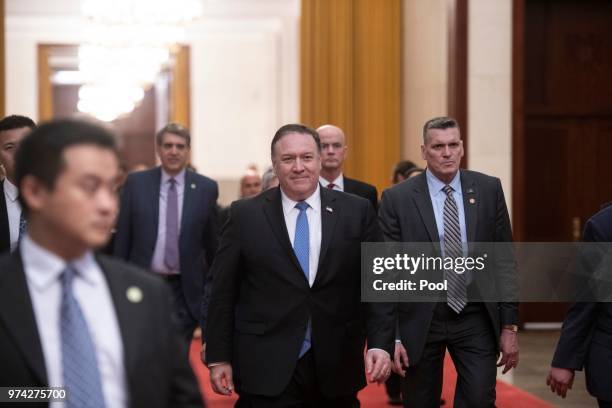 Secretary of State Mike Pompeo arrives for a meeting with Chinese President Xi Jinping in the Great Hall of the People June 14, 2018 in Beijing,...