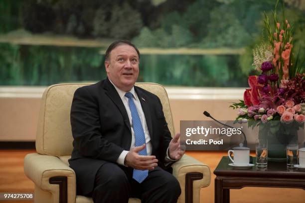 Secretary of State Mike Pompeo attends a meeting with Chinese President Xi Jinping at the Great Hall of the People June 14, 2018 in Beijing, China.