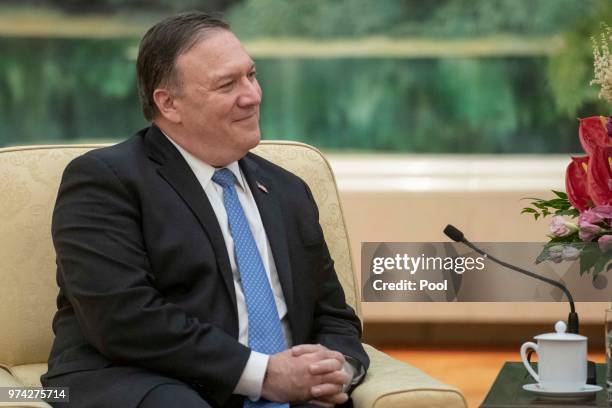 Secretary of State Mike Pompeo attends a meeting with Chinese President Xi Jinping at the Great Hall of the People June 14, 2018 in Beijing, China.