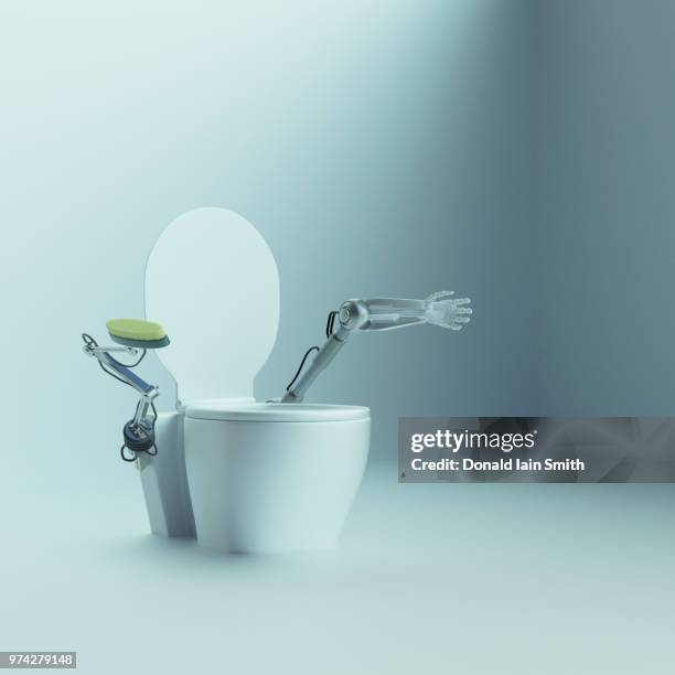 automatic toilet with robot arms to scrub and clean - clean closet stockfoto's en -beelden