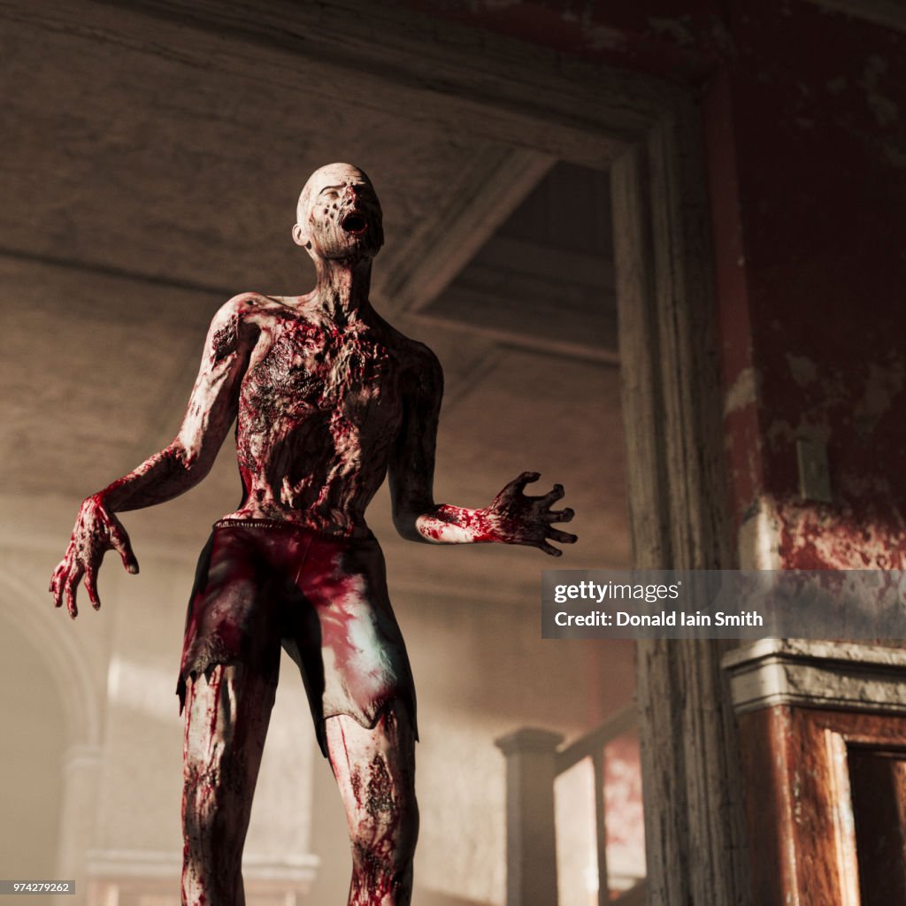 Zombie: male zombie walking through dark house