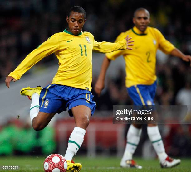 Brazil's striker Robinho eyes the ball during their international friendly football match against Republic of Ireland on March 2, 2010 at the...
