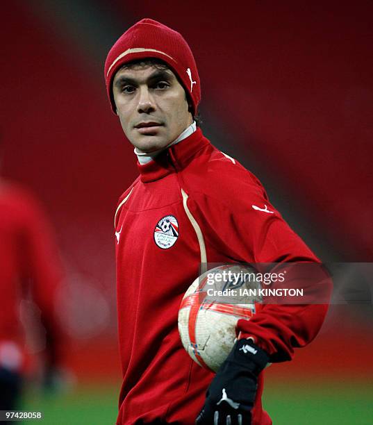 Egypt's Ahmed Hassan participates during an Egypt training session on the eve of their International friendly against England at Wembley Stadium in...