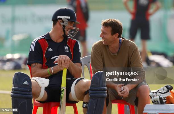 England batsman Kevin Pietersen shares a joke with former England captain Michael Atherton during England Nets at the Zohur Ahmed Chowdhury Stadium...