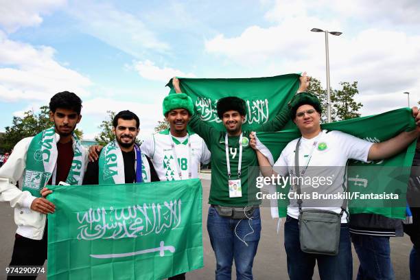 Saudi Arabia fans enjoy the atmosphere before the 2018 FIFA World Cup Russia group A match between Russia and Saudi Arabia at Luzhniki Stadium on...