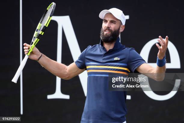 Benoit Paire of France react during his match against Tomas Berdych of Czech Republic during day 4 of the Mercedes Cup at Tennisclub Weissenhof on...