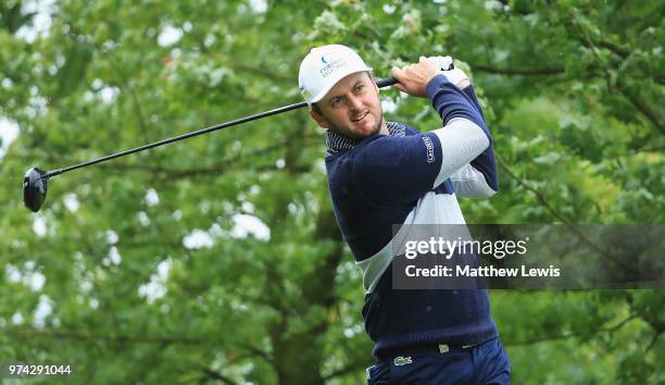 Damien Perrier of France tees off on the 10th hole during day one of the Hauts de France Golf Open at Aa Saint Omer Golf Club on June 14, 2018 in...