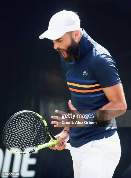 Benoit Paire of France react during his match against Tomas Berdych of Czech Republic during day 4 of the Mercedes Cup at Tennisclub Weissenhof on...