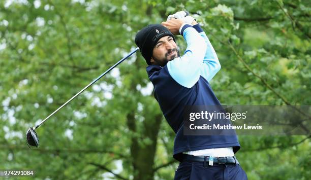 Francesco Laporta of Italy tees off on the 10th hole during day one of the Hauts de France Golf Open at Aa Saint Omer Golf Club on June 14, 2018 in...