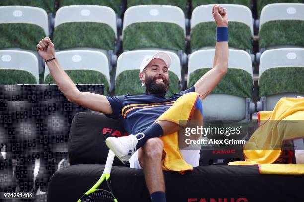 Benoit Paire of France reacts after playing a behind the back half-volley during his match against Tomas Berdych of Czech Republic during day 4 of...