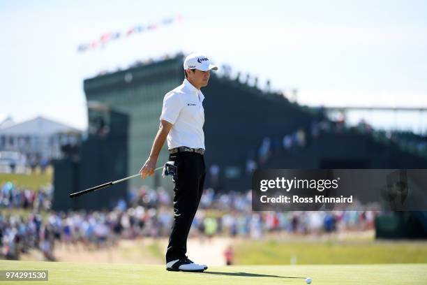 Brian Harman of the United States reacts to his missed putt for par on the 17th hole during the first round of the 2018 U.S. Open at Shinnecock Hills...