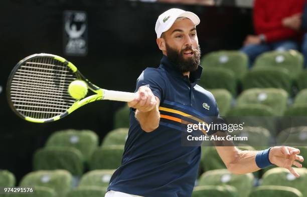 Benoit Paire of France plays a forehand to Tomas Berdych of Czech Republic during day 4 of the Mercedes Cup at Tennisclub Weissenhof on June 14, 2018...