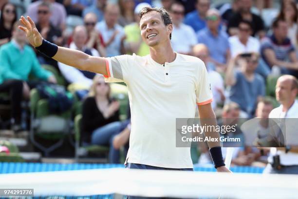 Tomas Berdych of Czech Republic celebrates after winning his match against Benoit Paire of France during day 4 of the Mercedes Cup at Tennisclub...