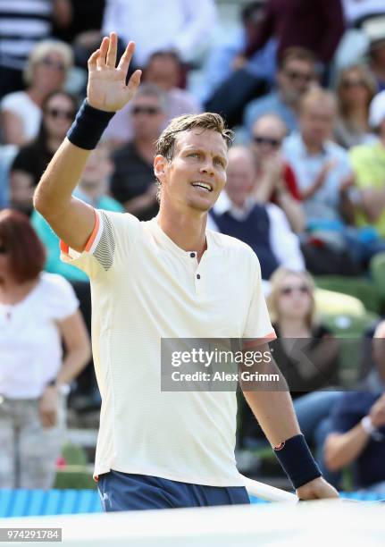 Tomas Berdych of Czech Republic celebrates after winning his match against Benoit Paire of France during day 4 of the Mercedes Cup at Tennisclub...