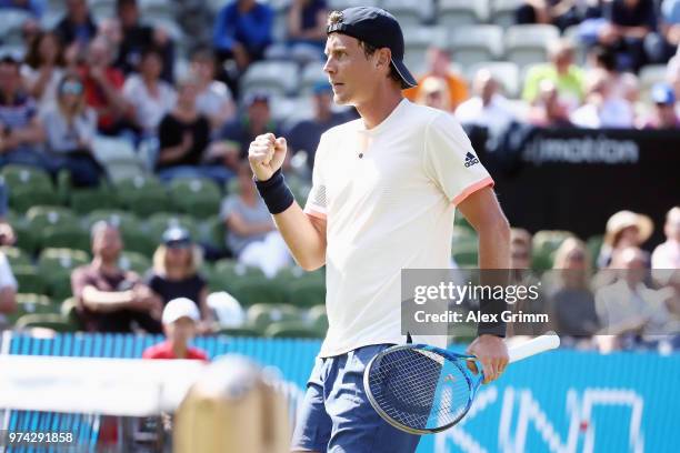 Tomas Berdych of Czech Republic celebrates a point during his match against Benoit Paire of France during day 4 of the Mercedes Cup at Tennisclub...