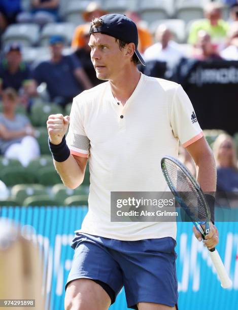 Tomas Berdych of Czech Republic celebrates a point during his match against Benoit Paire of France during day 4 of the Mercedes Cup at Tennisclub...