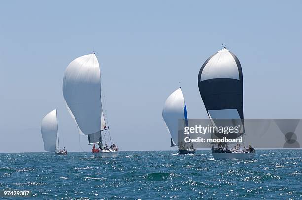 four yachts compete in team sailing event, california - sailing club stock pictures, royalty-free photos & images