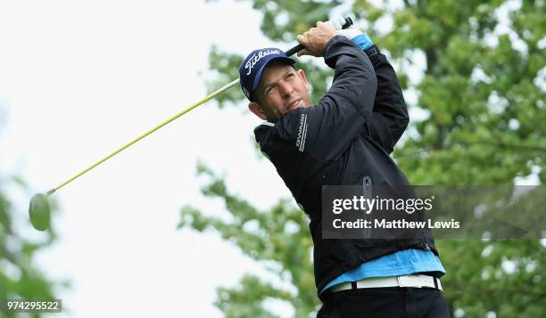 Oliver Bekker of South Africa tees off on the 10th hole during day one of the Hauts de France Golf Open at Aa Saint Omer Golf Club on June 14, 2018...