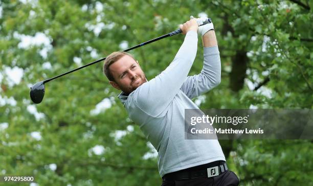 Max Orrin of england tees off on the 10th hole during day one of the Hauts de France Golf Open at Aa Saint Omer Golf Club on June 14, 2018 in...