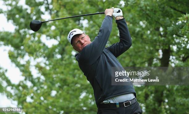 Richard Finch of England tees off on the 10th hole during day one of the Hauts de France Golf Open at Aa Saint Omer Golf Club on June 14, 2018 in...