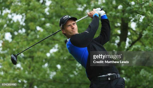 Mads Sogaard of Denmark tees off on the 10th hole during day one of the Hauts de France Golf Open at Aa Saint Omer Golf Club on June 14, 2018 in...