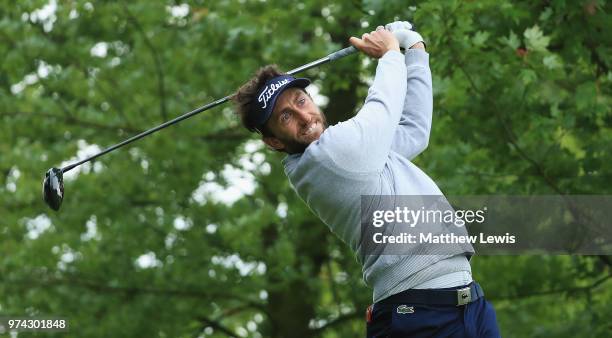 Edouard Espana of France tees off on the 10th hole during day one of the Hauts de France Golf Open at Aa Saint Omer Golf Club on June 14, 2018 in...