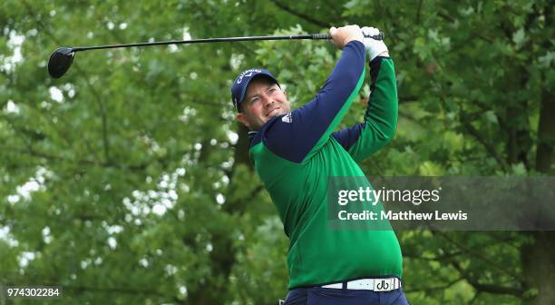 Duncan Stweart of Scotland tees off on the 10th hole during day one of the Hauts de France Golf Open at Aa Saint Omer Golf Club on June 14, 2018 in...