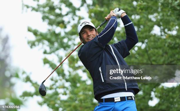 Sebastien Gandon of France tees off on the 10th hole during day one of the Hauts de France Golf Open at Aa Saint Omer Golf Club on June 14, 2018 in...