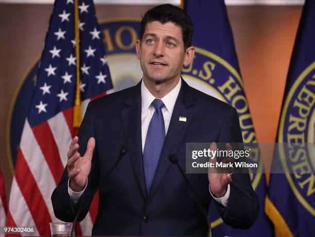 House Speaker Paul Ryan speaks about the opioid crisis during his weekly news conference on Capitol Hill, June 14, 2018 in Washington, DC.