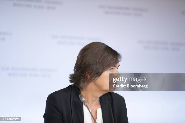 Zoja Razmusa, deputy governor of the Bank of Latvia, listens during the European Central Bank rate decision news conference at the Latvian central...