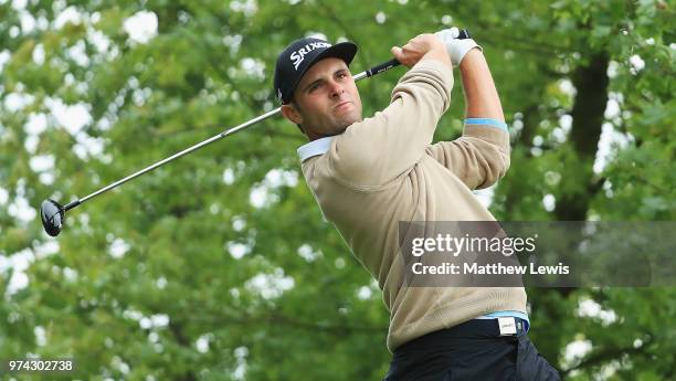 Adri Arnaus of Spain tees off on the 10th hole during day one of the Hauts de France Golf Open at Aa Saint Omer Golf Club on June 14, 2018 in...