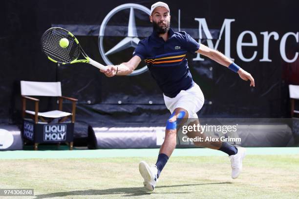 Benoit Paire of France plays a forehand to Tomas Berdych of Czech Republic during day 4 of the Mercedes Cup at Tennisclub Weissenhof on June 14, 2018...