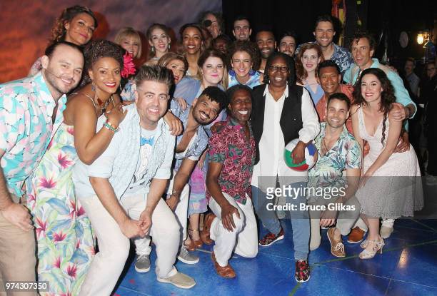 Whoopi Goldberg poses with the cast backstage at the hit musical "Escape to Margaritaville" on Broadway at The Marquis Theatre on June 13, 2018 in...
