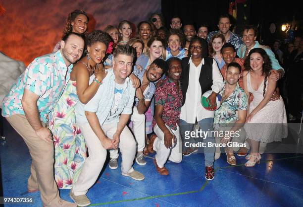 Whoopi Goldberg poses with the cast backstage at the hit musical "Escape to Margaritaville" on Broadway at The Marquis Theatre on June 13, 2018 in...