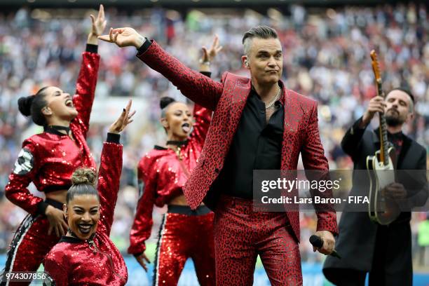 Robbie Williams performs in the opening ceremony prior to the 2018 FIFA World Cup Russia Group A match between Russia and Saudi Arabia at Luzhniki...