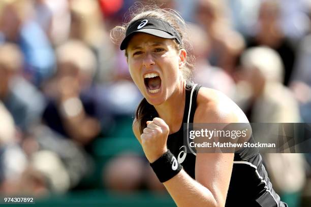 Johanna Konta of Great Britain celebrates match point against Heather Watson of Great Britain during Day Six of the Nature Valley Open at Nottingham...