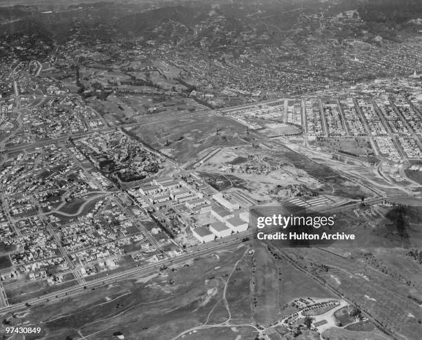An aerial view of the 20th Century Fox film studios on the western edge of Beverly Hills in Los Angeles, California, circa 1937.