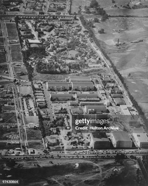 An aerial view of the 20th Century Fox film studios on the western edge of Beverly Hills, Los Angeles, California, circa 1940.