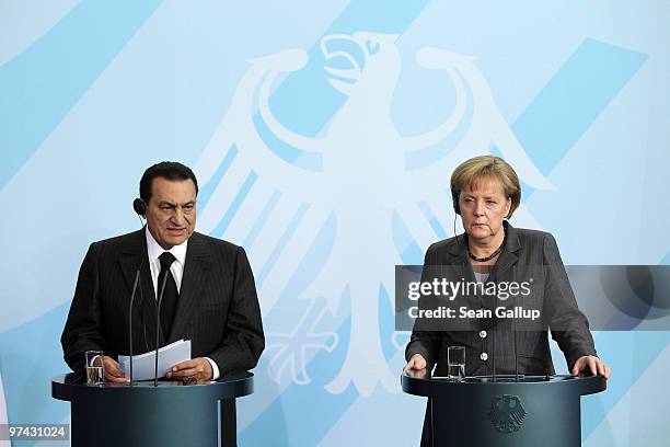 German Chancellor Angela Merkel and Egyption President Hosni Mubarak speak to the media following talks at the Chancellery on March 4, 2010 in...