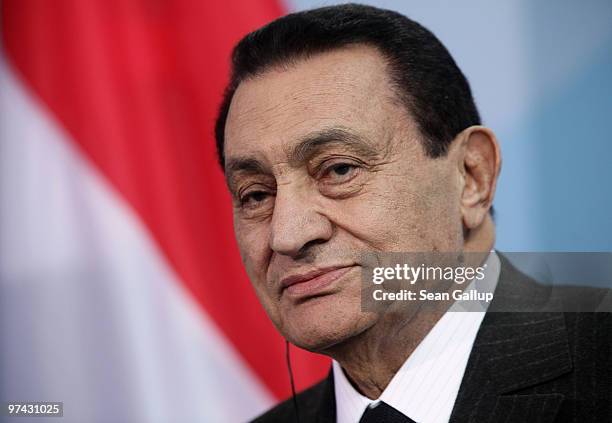 Egyption President Hosni Mubarak speaks to the media following talks with German Chancellor Angela Merkel at the Chancellery on March 4, 2010 in...