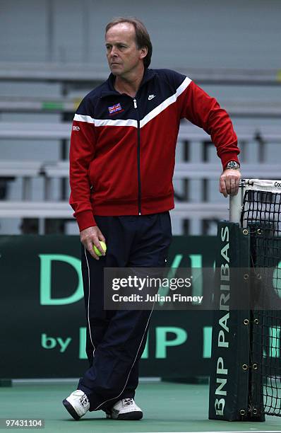 Captain, John Lloyd looks on in a practice session during previews to the Davis Cup Tennis match between Lithuania and Great Britain on March 4, 2010...