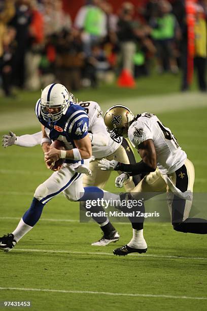 Dallas Clark of the Indianapolis Colts makes a reception during Super Bowl XLIV against the New Orleans Saints at Sun Life Stadium on February 7,...