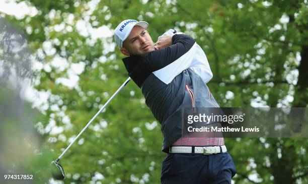 Bryce Easton of South Africa tees off on the 10th hole during day one of the Hauts de France Golf Open at Aa Saint Omer Golf Club on June 14, 2018 in...