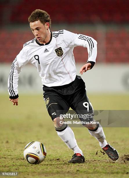 Fabian Baecker of Germany runs with the ball during the U20 friendly match between Germany and Switzerland at the Stadion an der Alten Foersterei on...