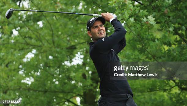 Moritz Lampert of Germany tees off on the 10th hole during day one of the Hauts de France Golf Open at Aa Saint Omer Golf Club on June 14, 2018 in...
