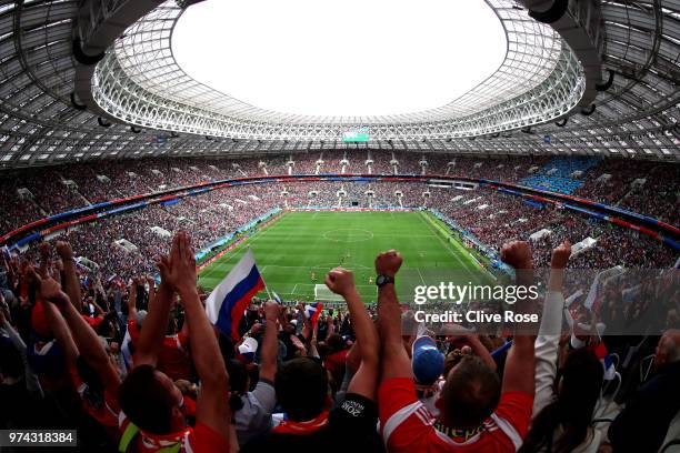 Russian fans celebrate Iury Gazinsky opening goal the 2018 FIFA World Cup Russia Group A match between Russia and Saudi Arabia at Luzhniki Stadium on...