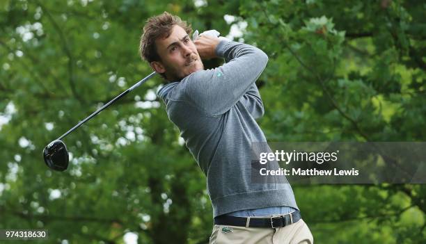 Ugo Coussaud of France tees off on the 10th hole during day one of the Hauts de France Golf Open at Aa Saint Omer Golf Club on June 14, 2018 in...