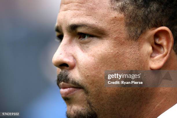 Former Brazilian player Ronaldo looks on prior tothe 2018 FIFA World Cup Russia Group A match between Russia and Saudi Arabia at Luzhniki Stadium on...