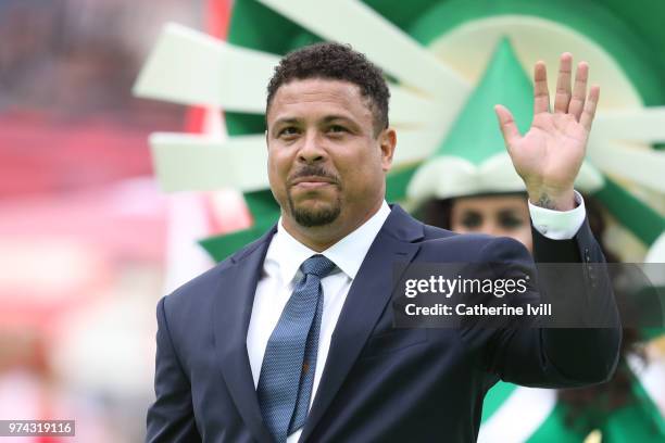 Former Brazilian player Ronaldo cheers the fans prior tothe 2018 FIFA World Cup Russia Group A match between Russia and Saudi Arabia at Luzhniki...